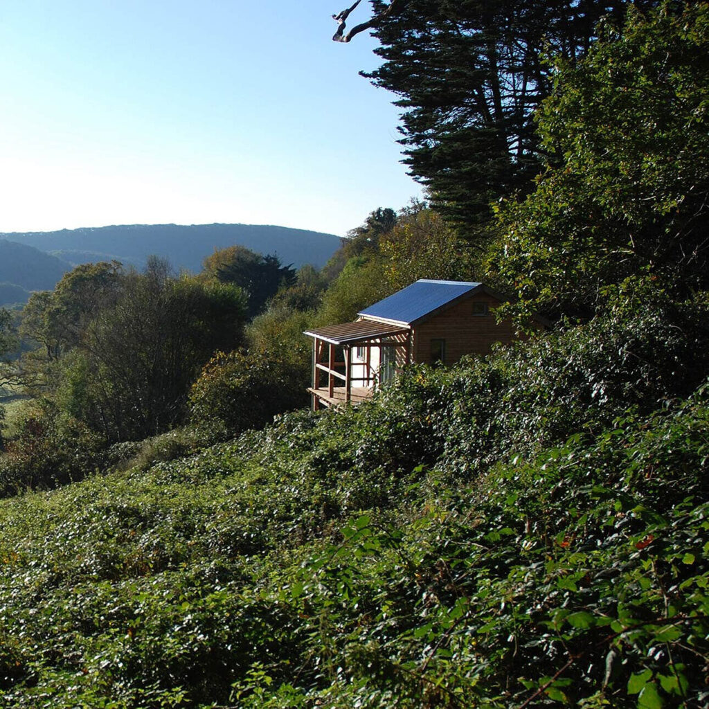 A small wooden cabin with a blue roof is nestled among dense green foliage on a hillside, with distant hills and a clear blue sky in the background.