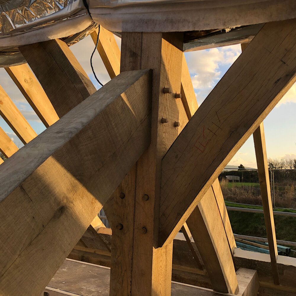 Close-up of a wooden roof structure showing large timber beams joined together with bolts, illuminated by sunlight, with part of the construction site and landscape visible in the background.