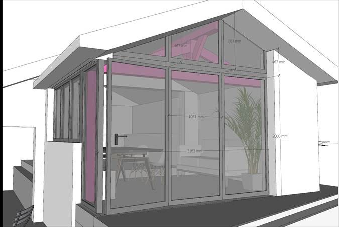 A 3D architectural rendering of a modern glass-walled room extension with visible measurements on the windows; inside, there is a table, chairs, and a potted plant.